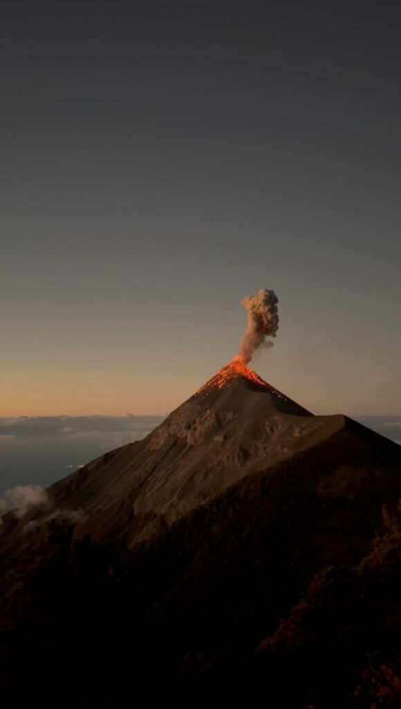 View of Volcan Fuego with smoke and lava