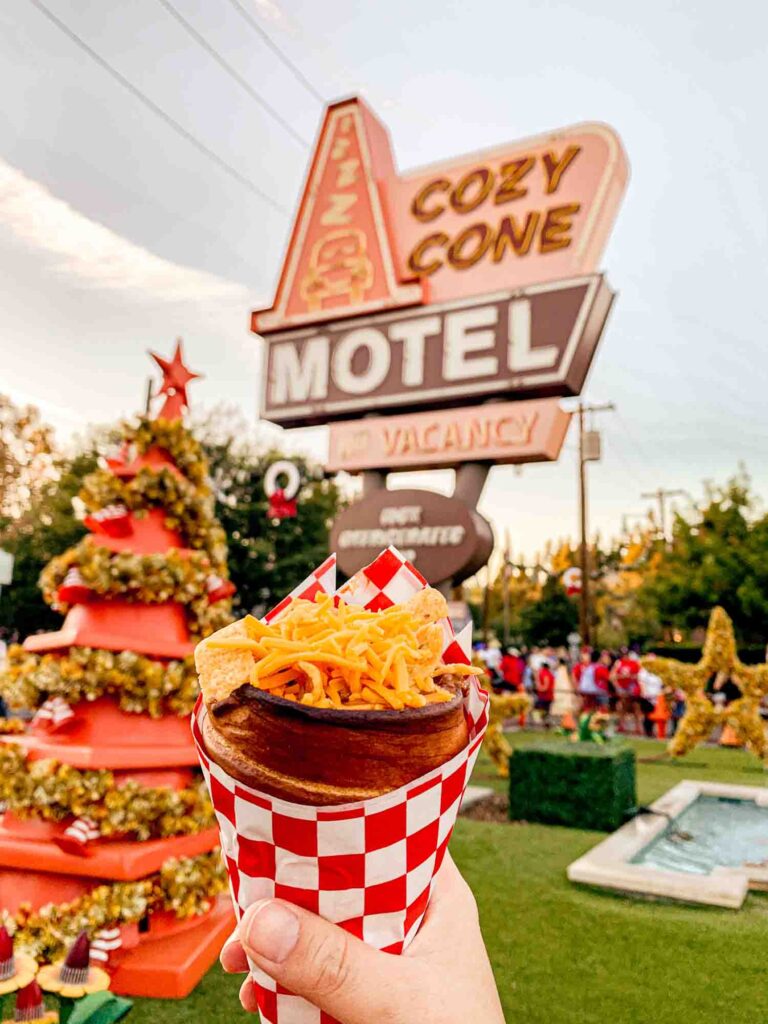 chili filled bread cone in front of cozy cone motel